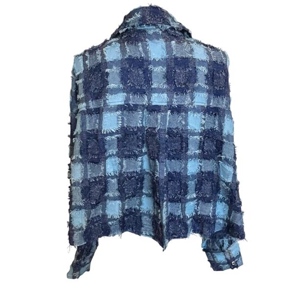 White Birch Jacket Crop Top Large Blue Patchwork Plaid Eyelash Button Up - Picture 6 of 10
